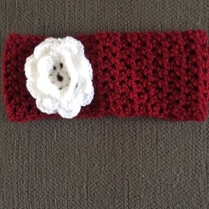 Red Crocheted Headband with White Flower